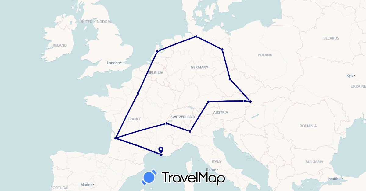 TravelMap itinerary: driving in Austria, Switzerland, Czech Republic, Germany, France, Italy, Netherlands, Slovakia (Europe)